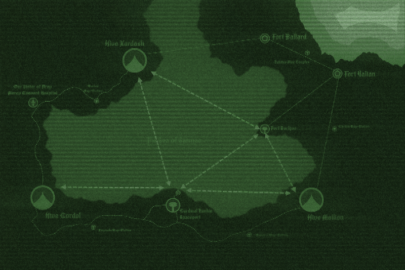 A green monitor style map of a hive planet, the details are not clear but the 80s aesthetic is on point.